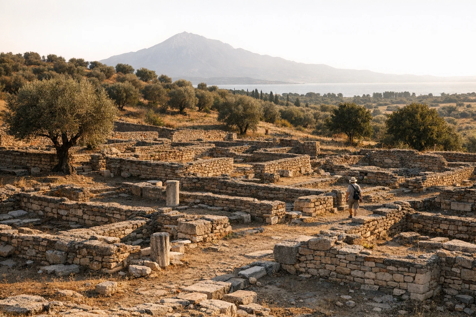 Ruins of ancient Olynthos in Central Macedonia, Greece, with stone house foundations spread across the hillside