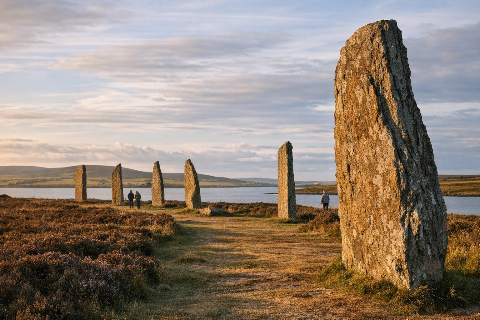 Standing stones at the Orkney Ring of Brodgar in the United Kingdom under a wide northern sky
