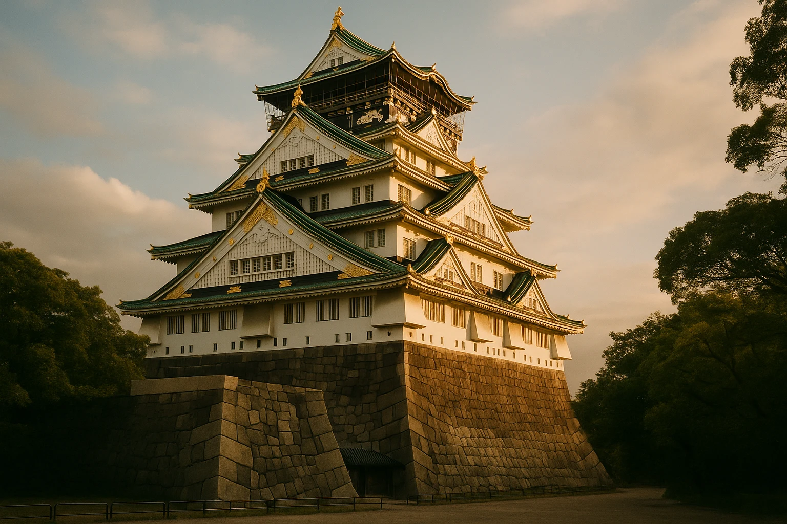 Osaka Castle main tower rising above stone walls and moat in Osaka, Japan