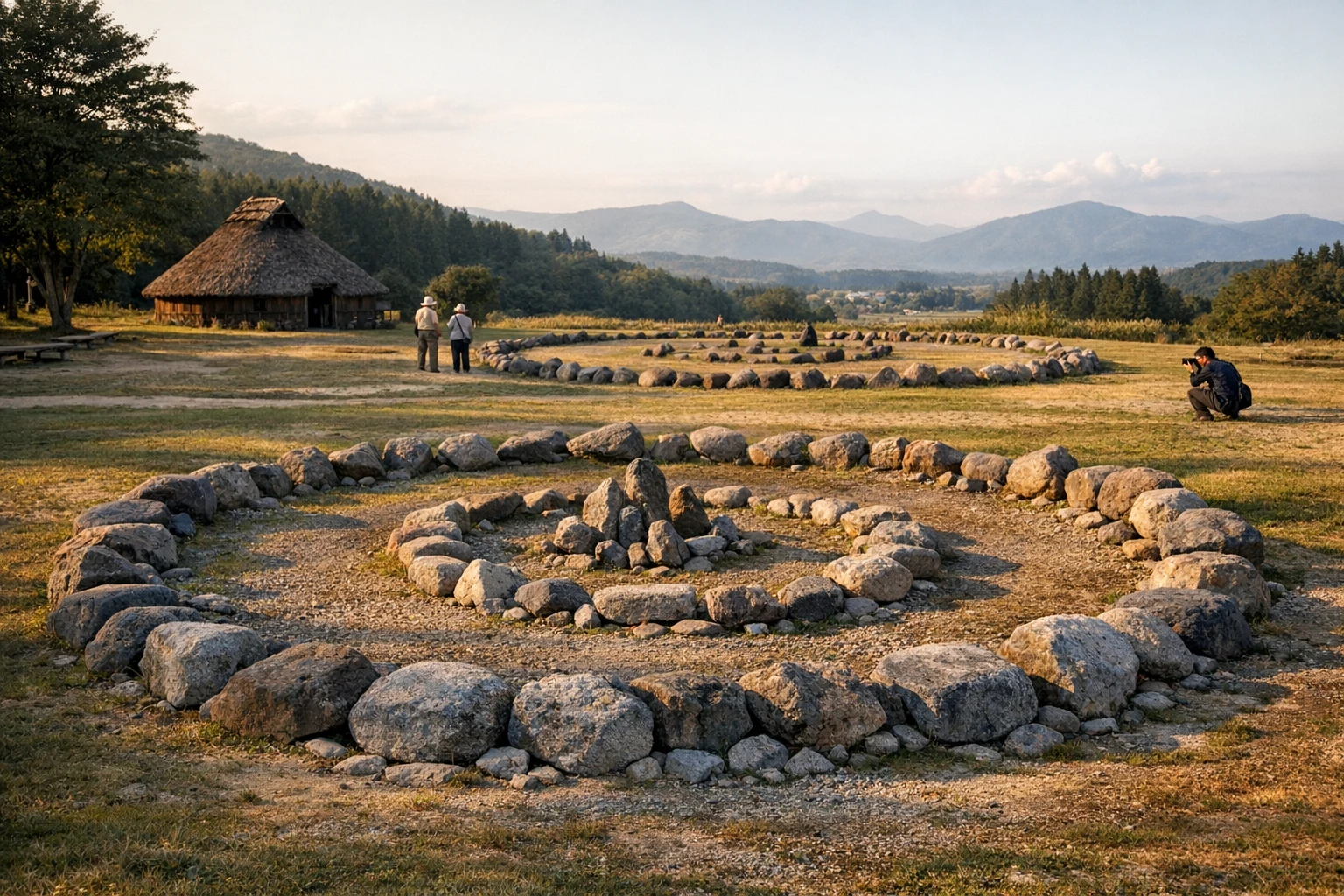 The Oyu Stone Circles in Akita Prefecture, Japan, illuminated at dusk with megalithic stones arranged under an open sky.
