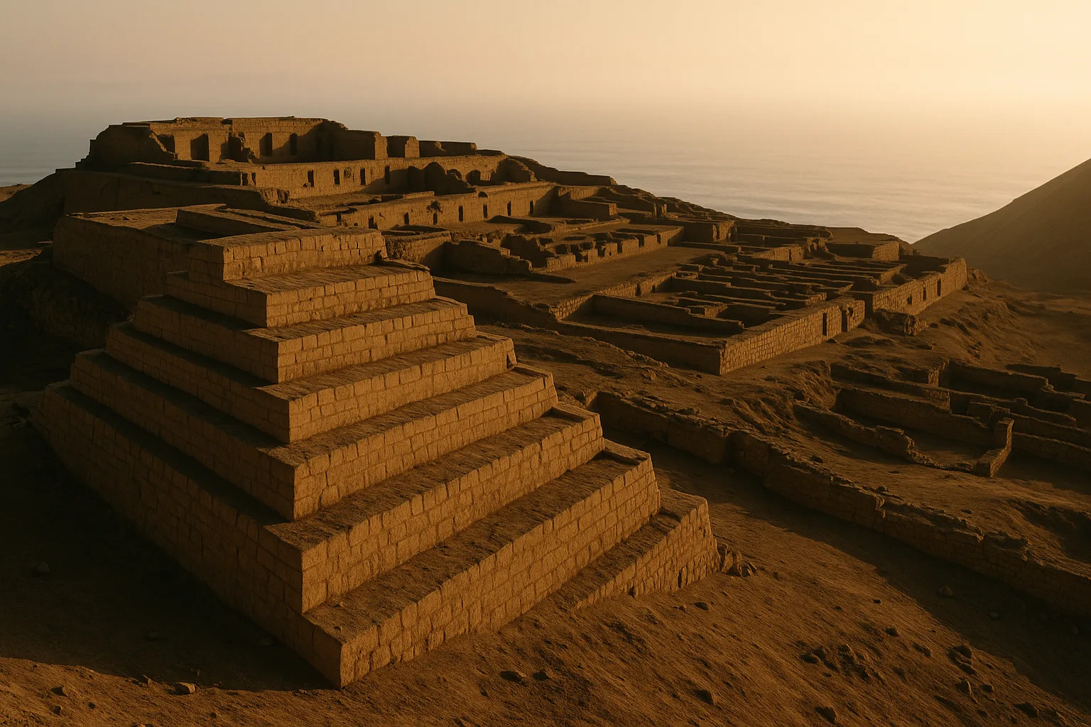 Temple platforms and desert ridge at Pachacamac sanctuary near Lima, Peru
