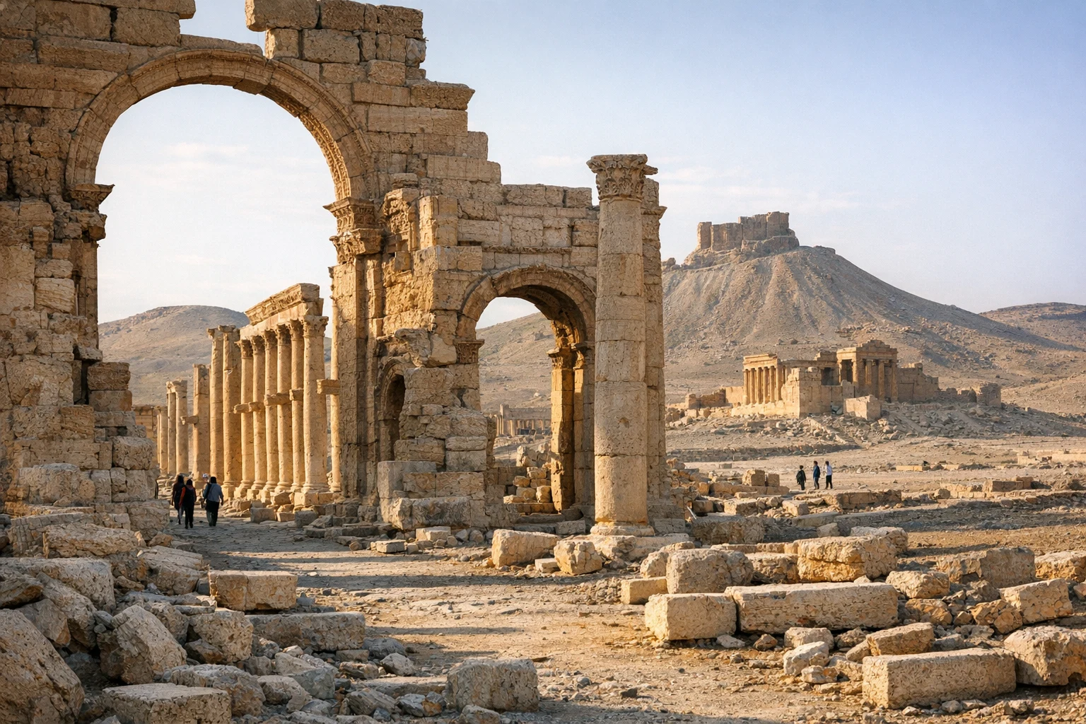Ruins of Palmyra in Syria with desert landscape, colonnaded street, and monumental stone remains