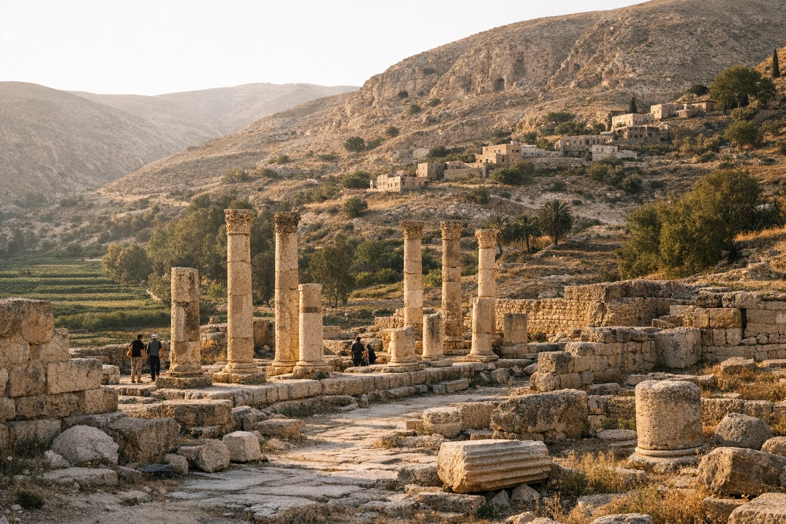 Ruins and green valley landscape at Pella (Tabaqat Fahl) in Jordan