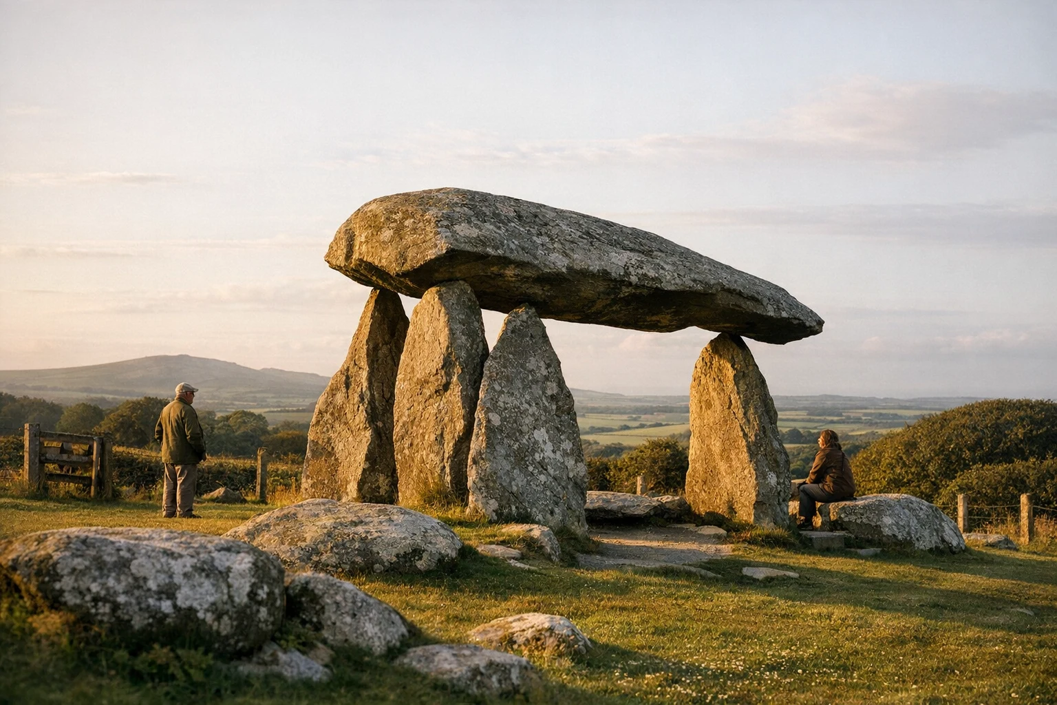 Pentre Ifan megalithic tomb in Pembrokeshire, United Kingdom, standing above the Welsh countryside