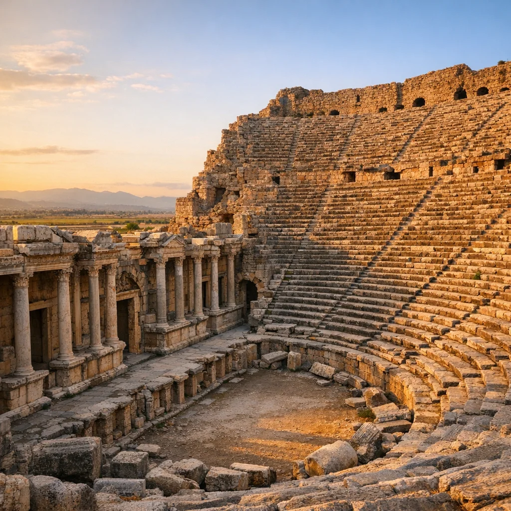 Roman theater of Perge with tiered seating overlooking Pamphylian plains