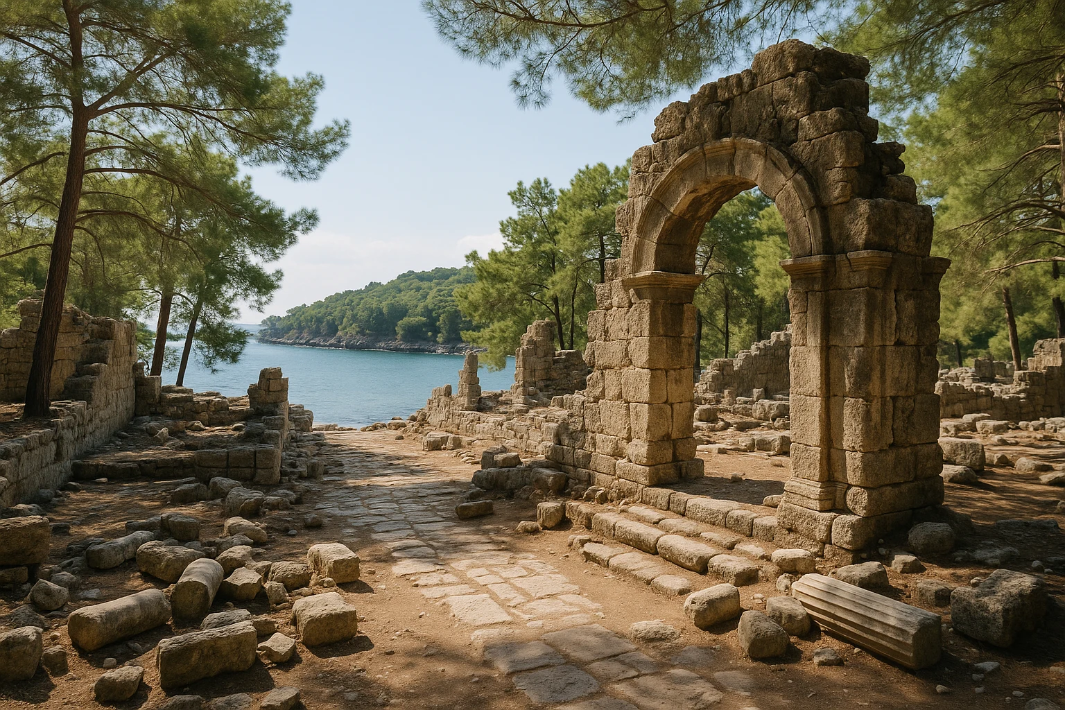 Ancient harbor and forested ruins at Phaselis, Turkey