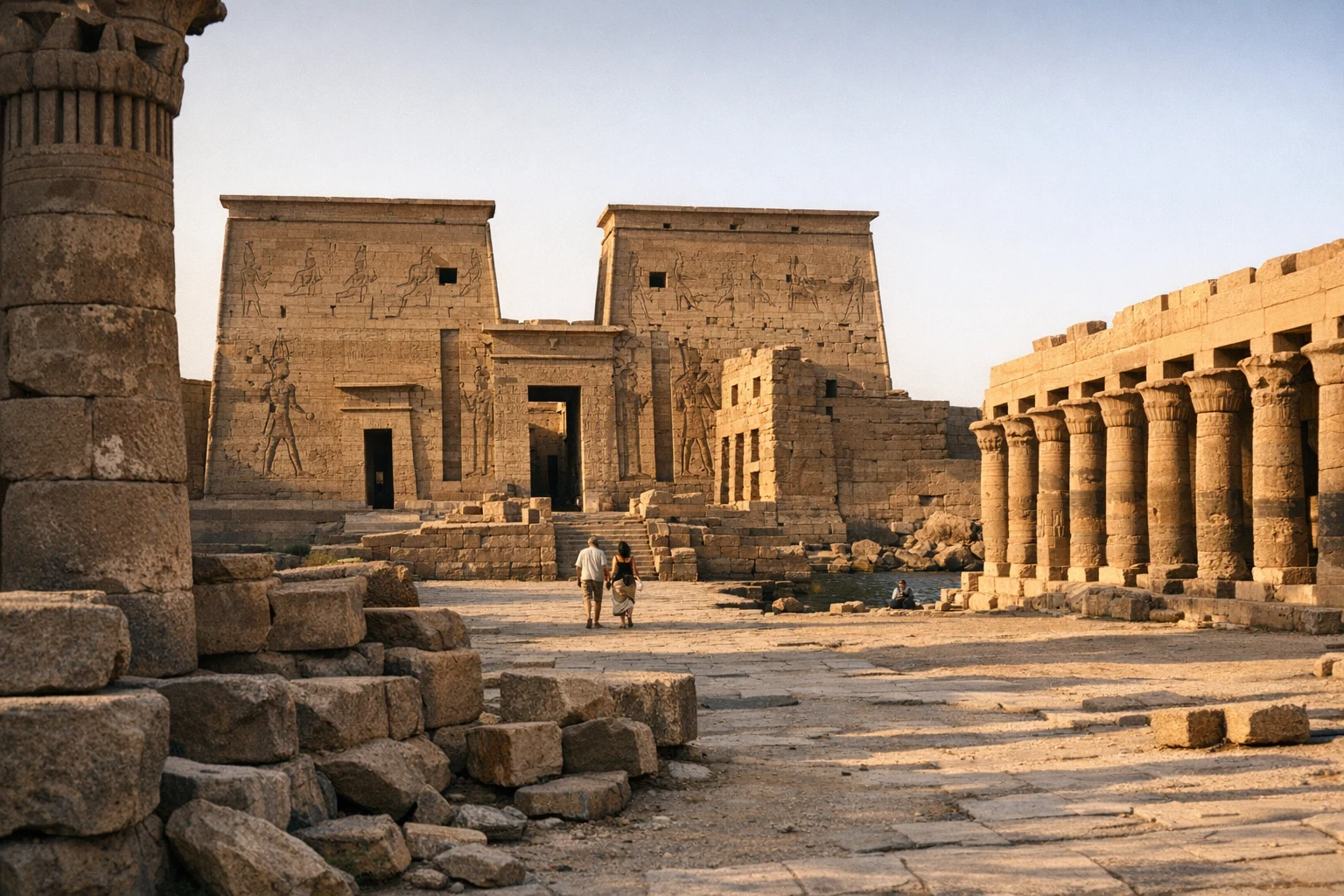 Philae Temple rising above the Nile island landscape near Aswan in Egypt
