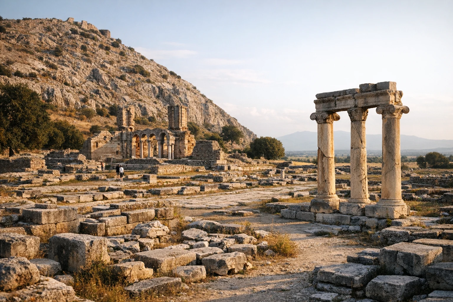 Ancient ruins of Philippi in northern Greece with stone columns, basilicas, and surrounding hills