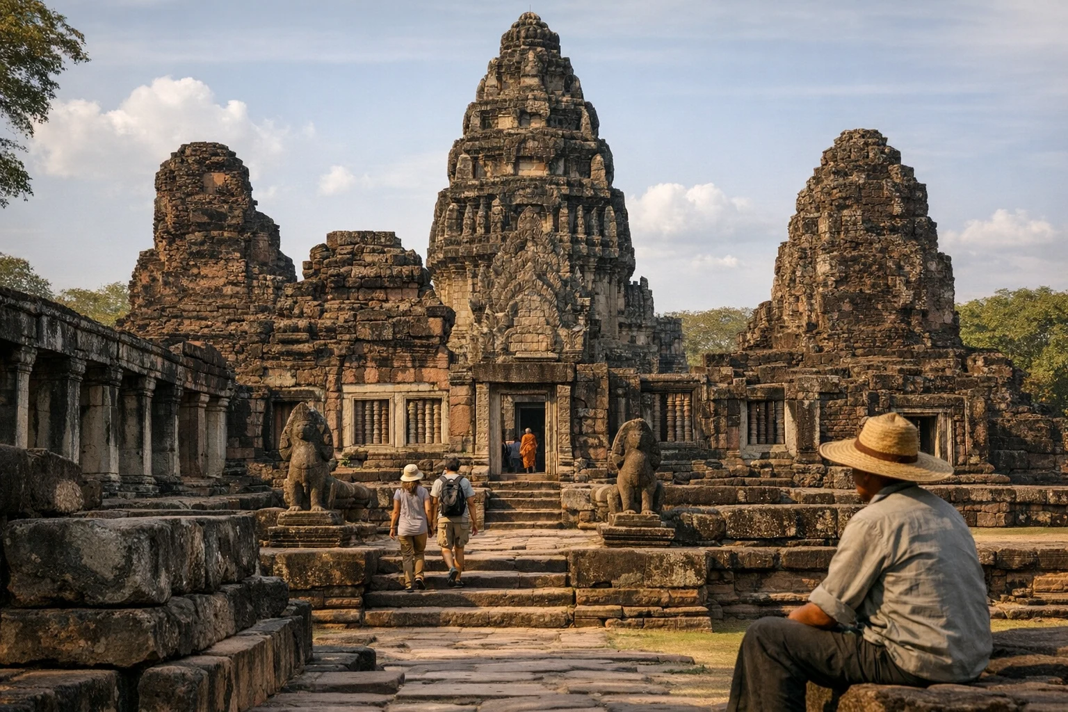 Ancient stone towers and galleries at Phimai Sanctuary in Thailand under a bright sky