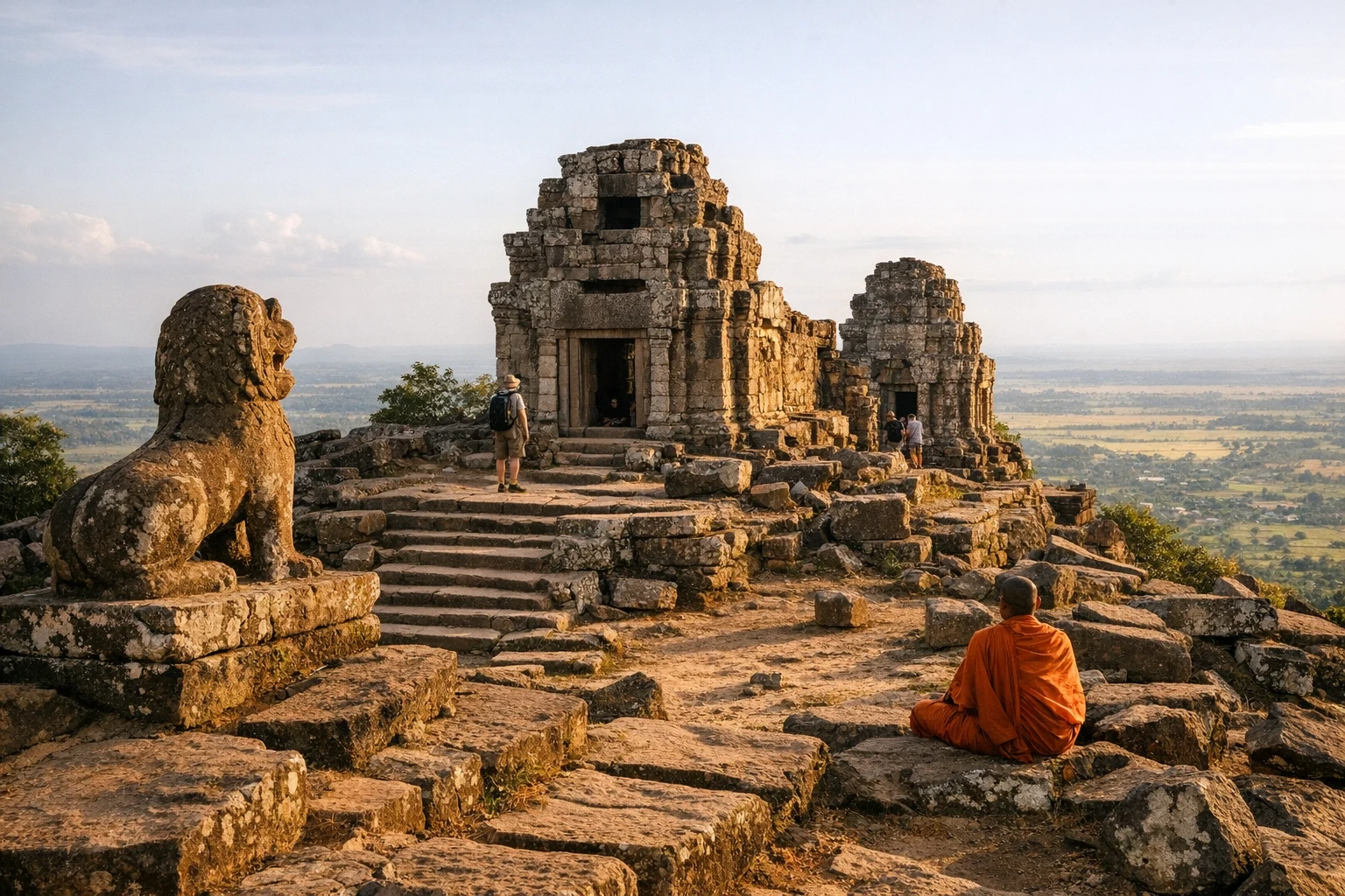 Stone temple ruins on Phnom Bok hill in Cambodia overlooking the surrounding plains