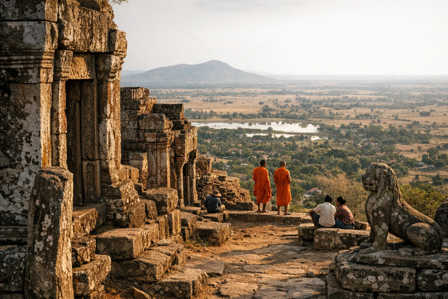 Stone ruins of Phnom Chisor temple on a hilltop in Cambodia overlooking the surrounding plains