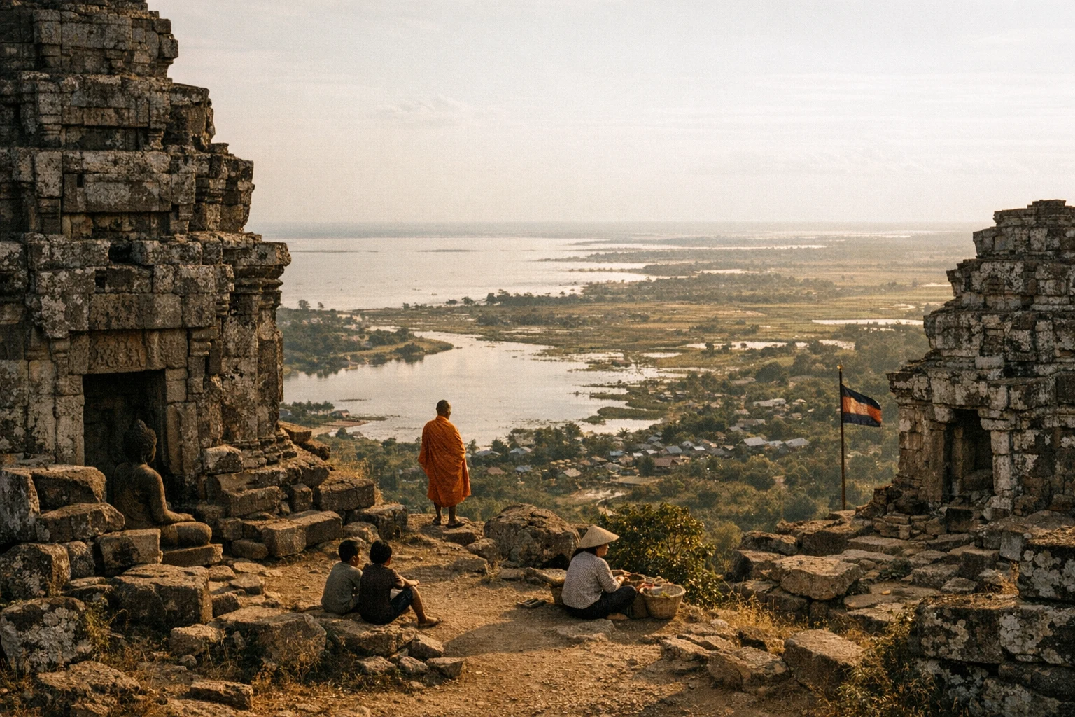 Hilltop temple ruins at Phnom Krom in Cambodia overlooking Tonle Sap Lake