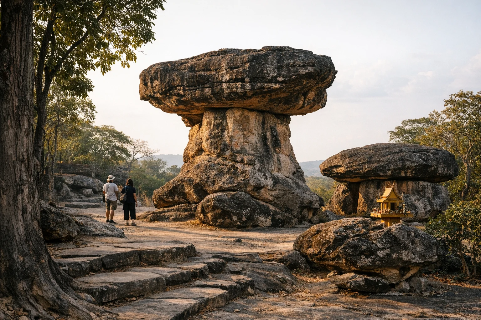 Balanced rock formations and ancient shrines at Phu Phra Bat Historical Park in Thailand