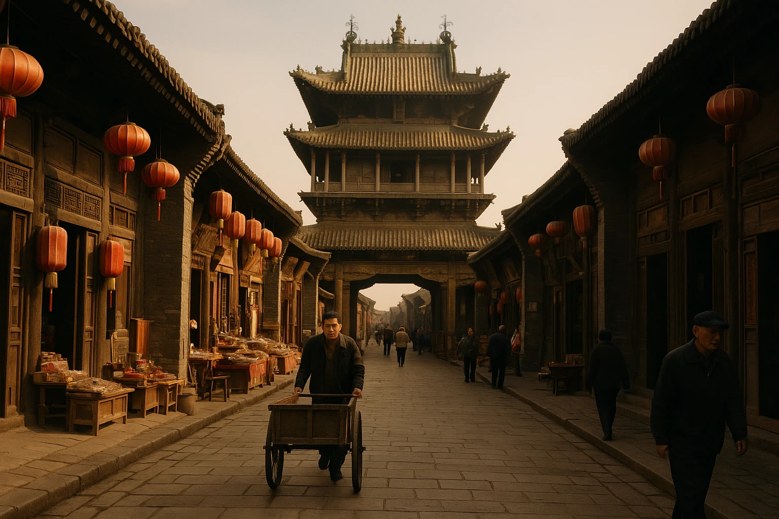 The ancient city walls and traditional grey-tiled rooftops of Pingyao Ancient City at dusk, Shanxi Province, China