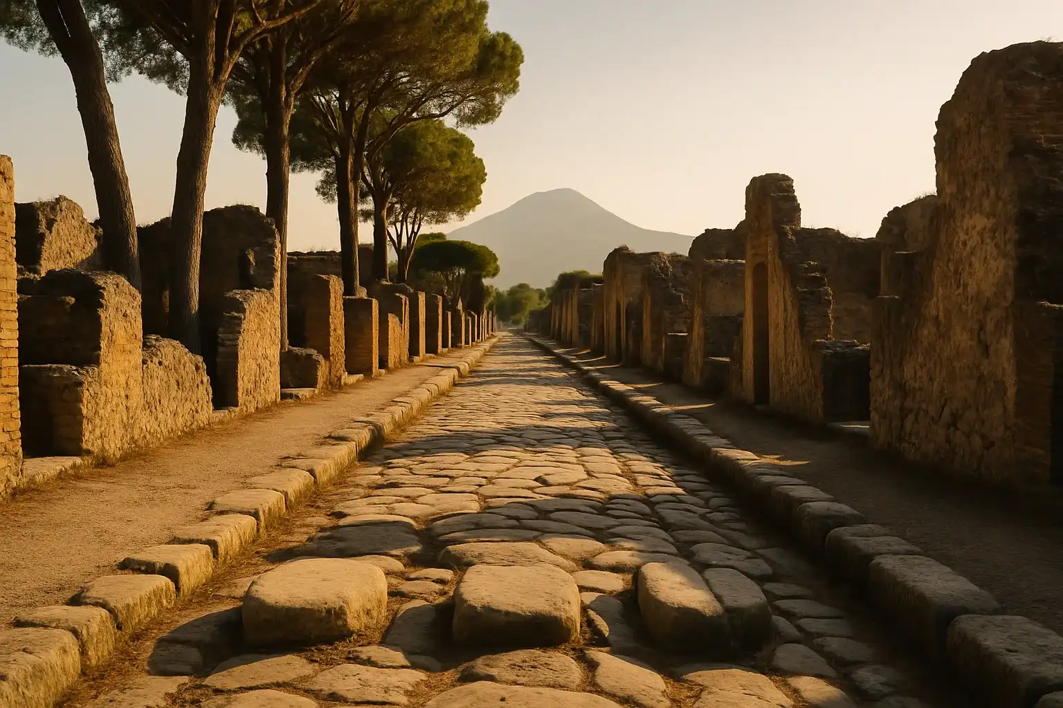Ancient street in Pompeii with Vesuvius, Italy