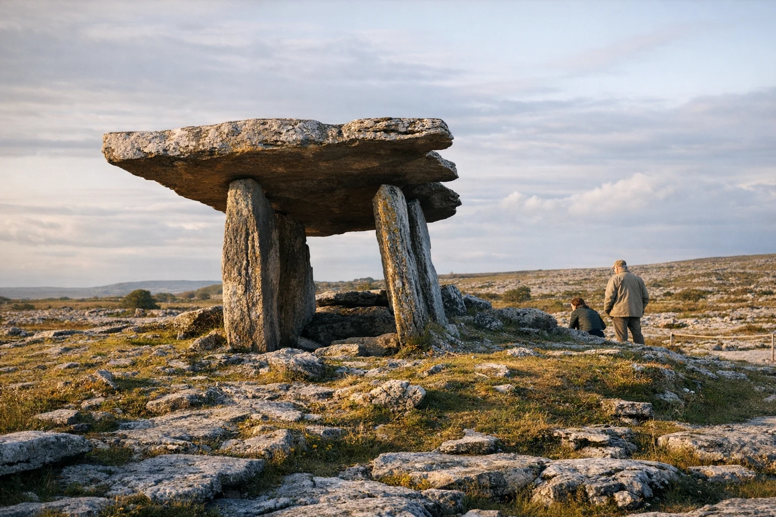 Poulnabrone Dolmen standing on the limestone Burren landscape in County Clare, Ireland