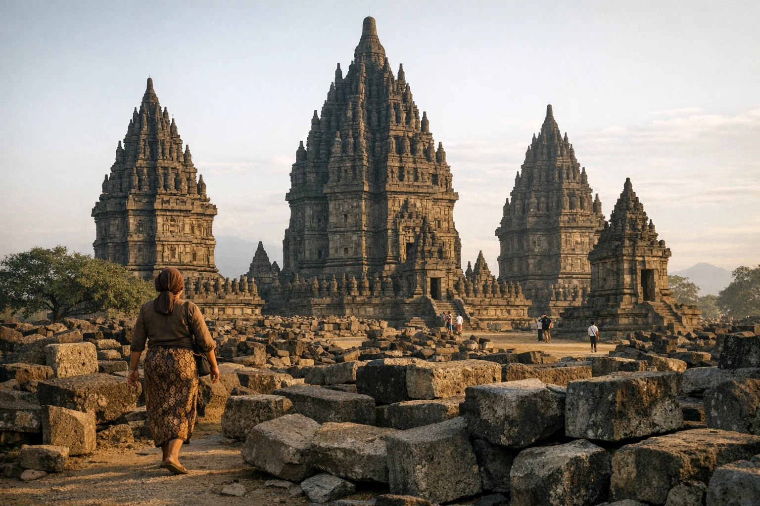 The towering Hindu temples of Prambanan in Indonesia at sunset