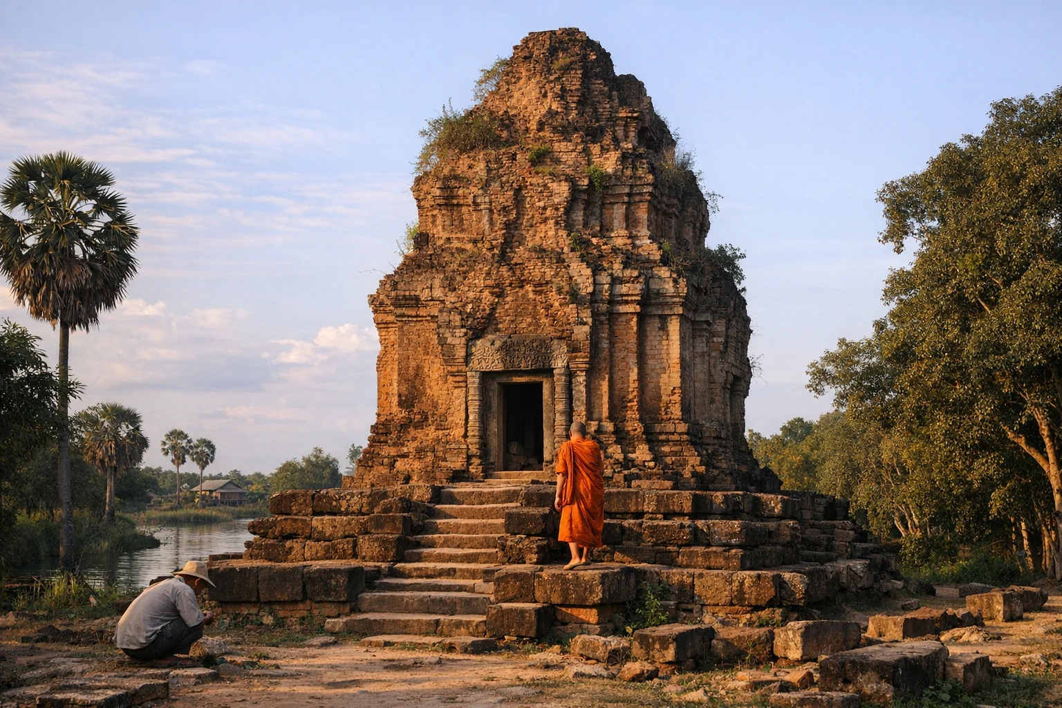 Prasat Andet temple rising above the countryside in Takeo Province, Cambodia