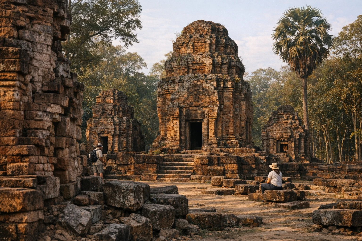 Stone remains of Prasat Ban Prasat in Thailand surrounded by trees and grassy grounds