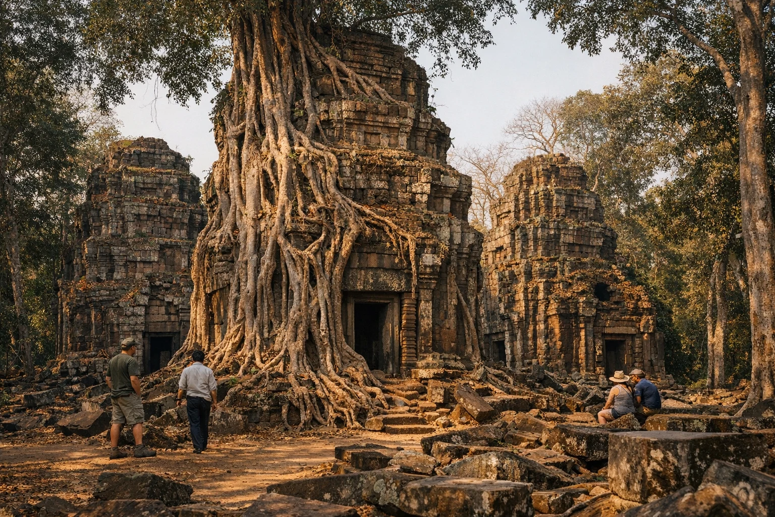 Ancient brick towers and strangler fig roots at Prasat Bram (Koh Ker) in Cambodia