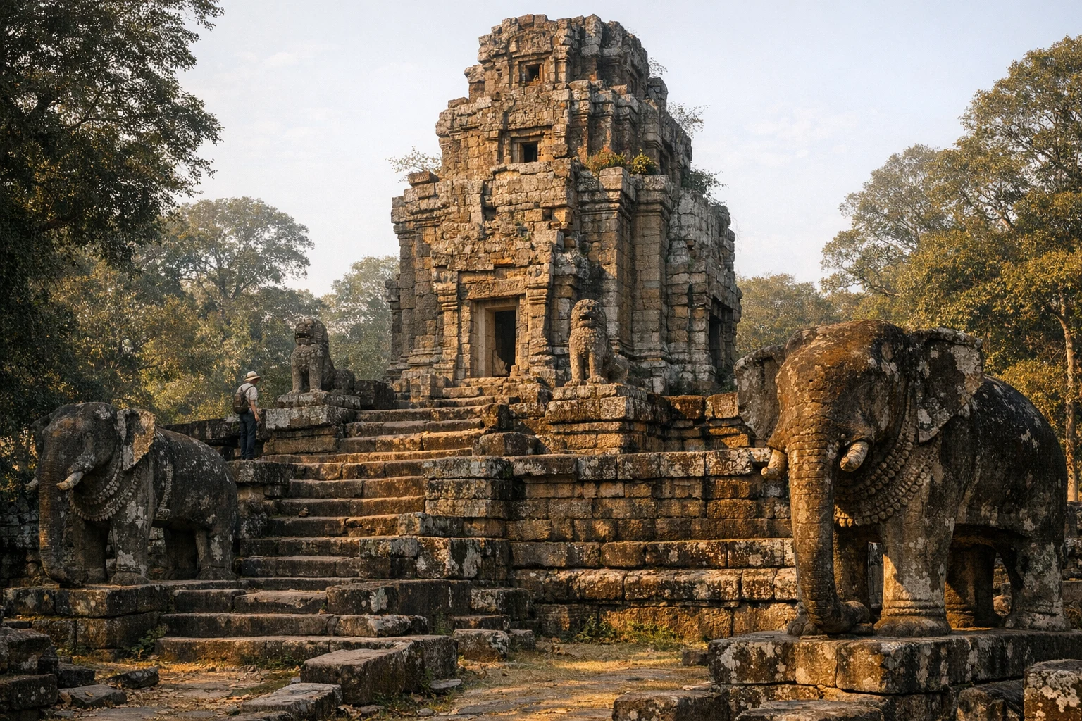 Stone remains of Prasat Damrei surrounded by greenery in Cambodia