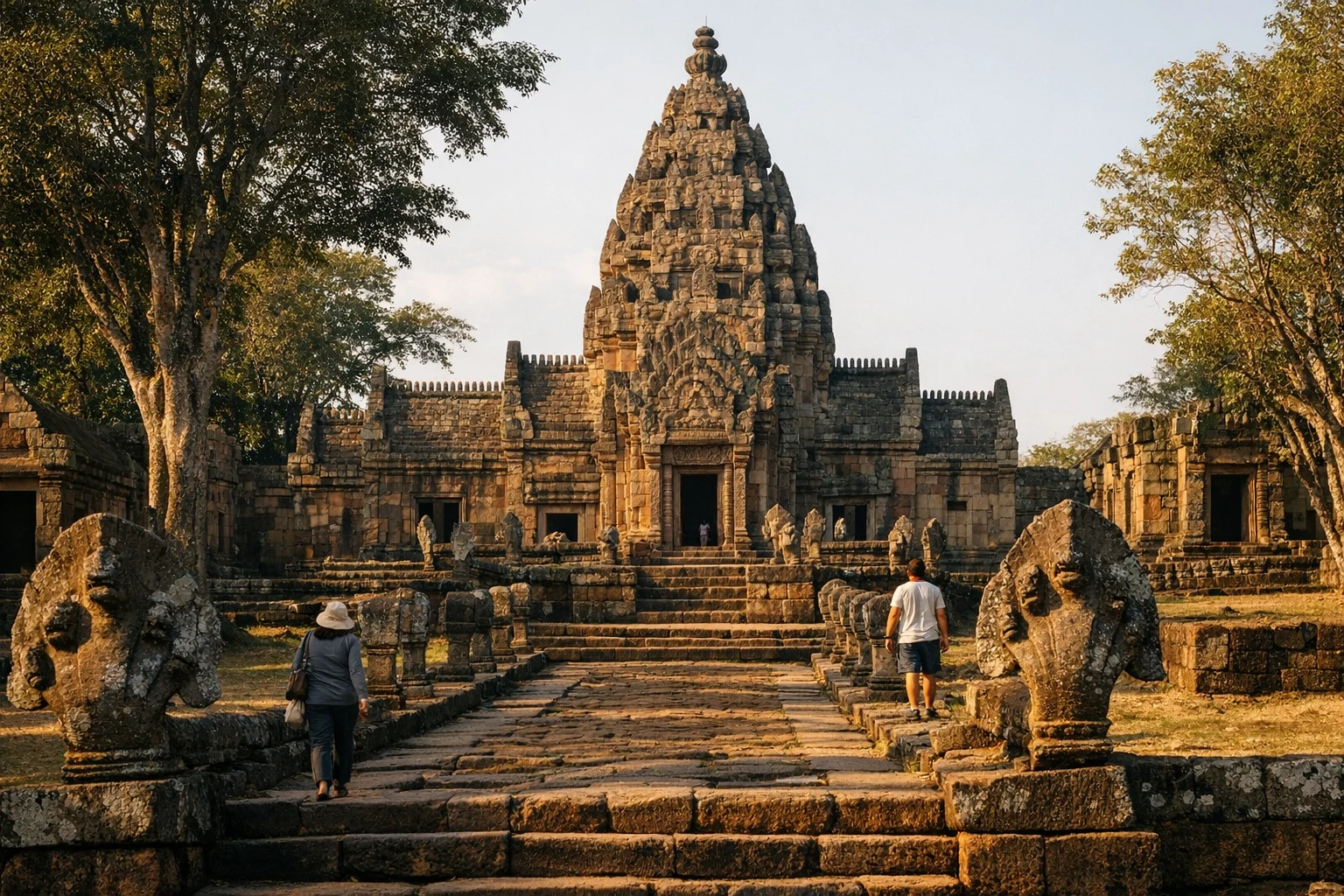 Sandstone sanctuary and naga bridge at Prasat Hin Khao Phnom Rung in Thailand
