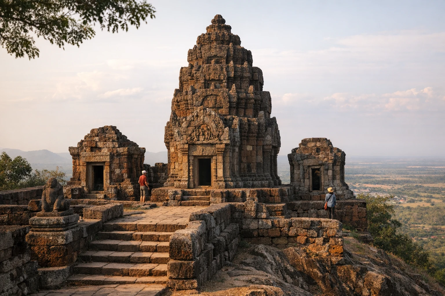 Prasat Khao Noi hilltop sanctuary in Thailand with laterite ruins and surrounding countryside views