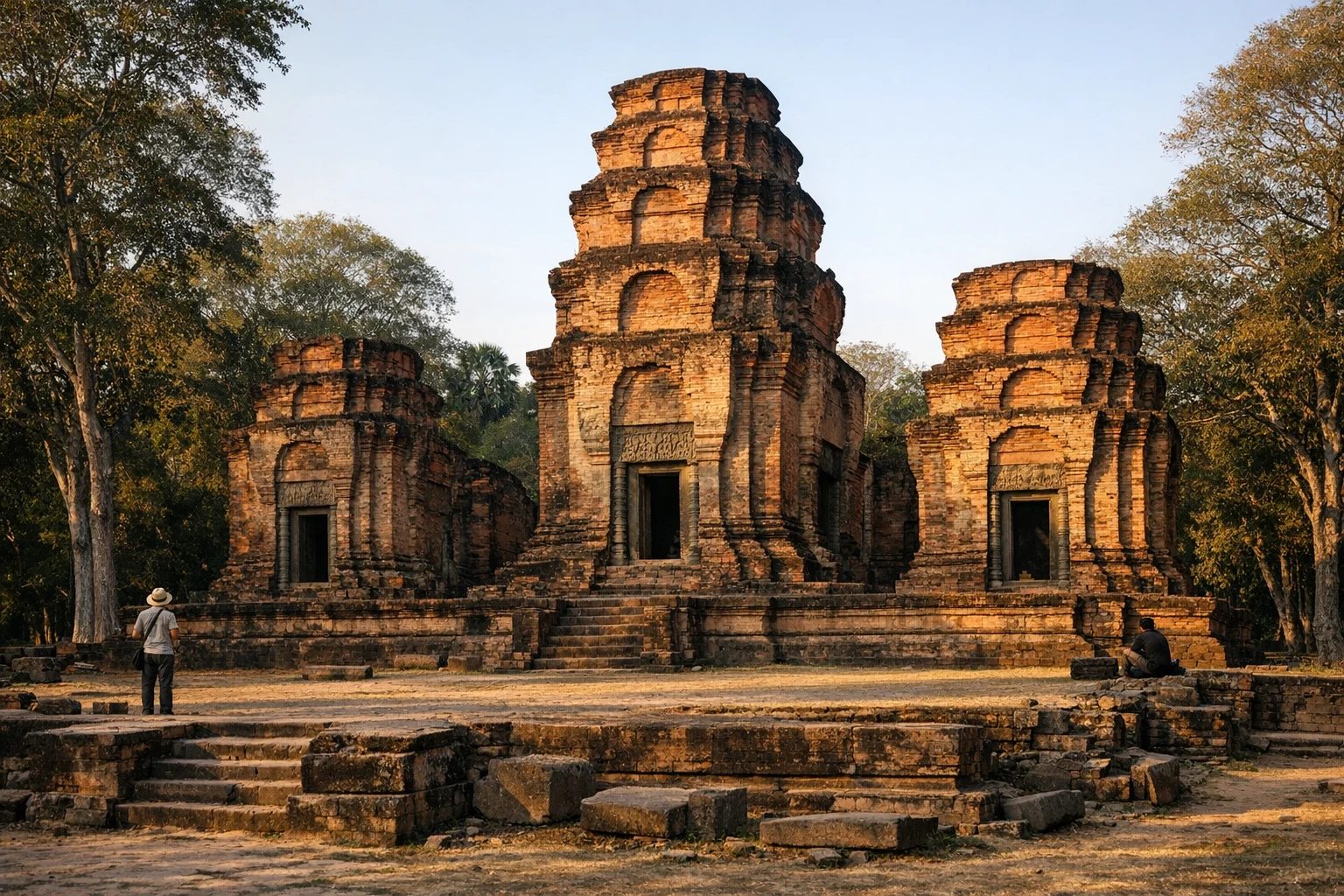 View of Prasat Kravan temple's red brick towers surrounded by lush Cambodian landscape