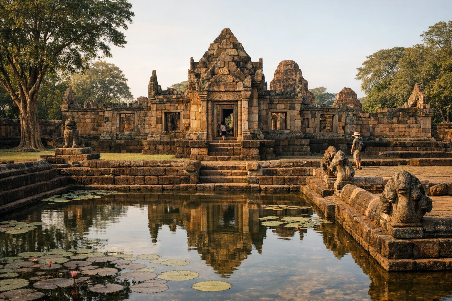 Sandstone galleries and lotus ponds at Prasat Muang Tam in Thailand