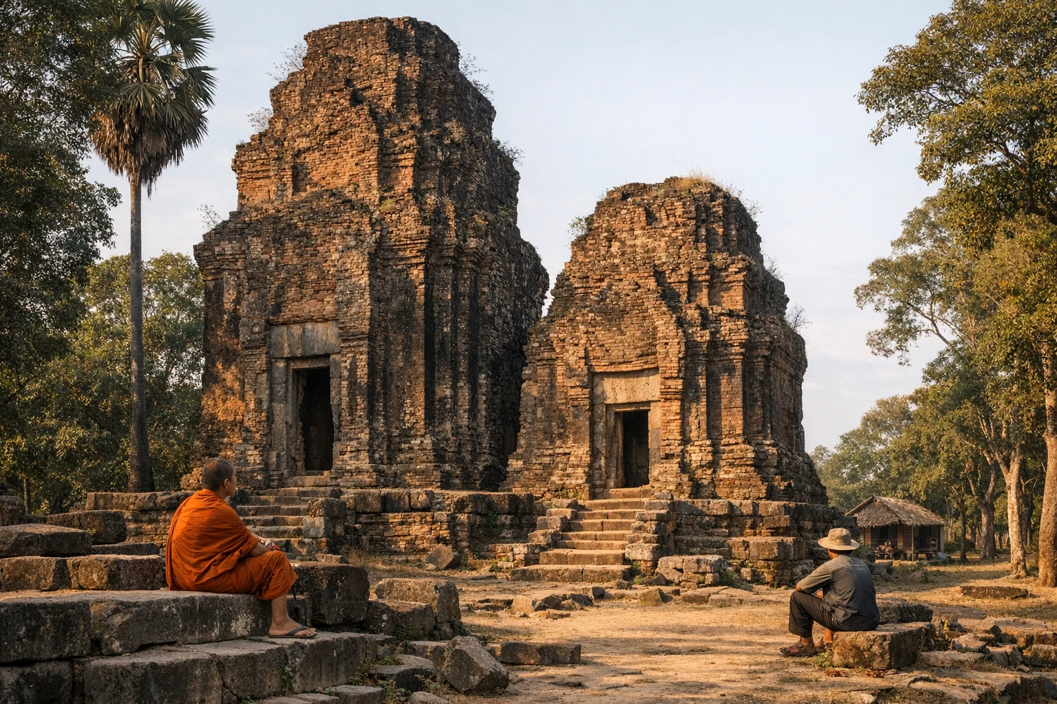 Prasat Neang Khmau temple ruins in Cambodia surrounded by trees and laterite stones