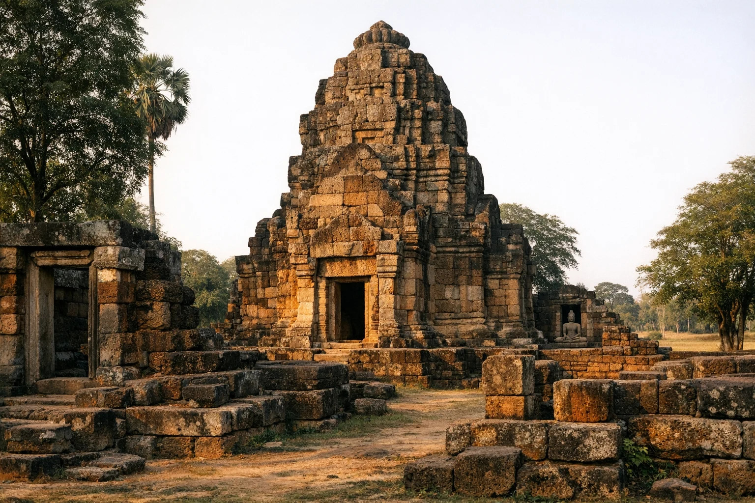 Stone remains of Prasat Non Ku in rural Thailand surrounded by grass and trees