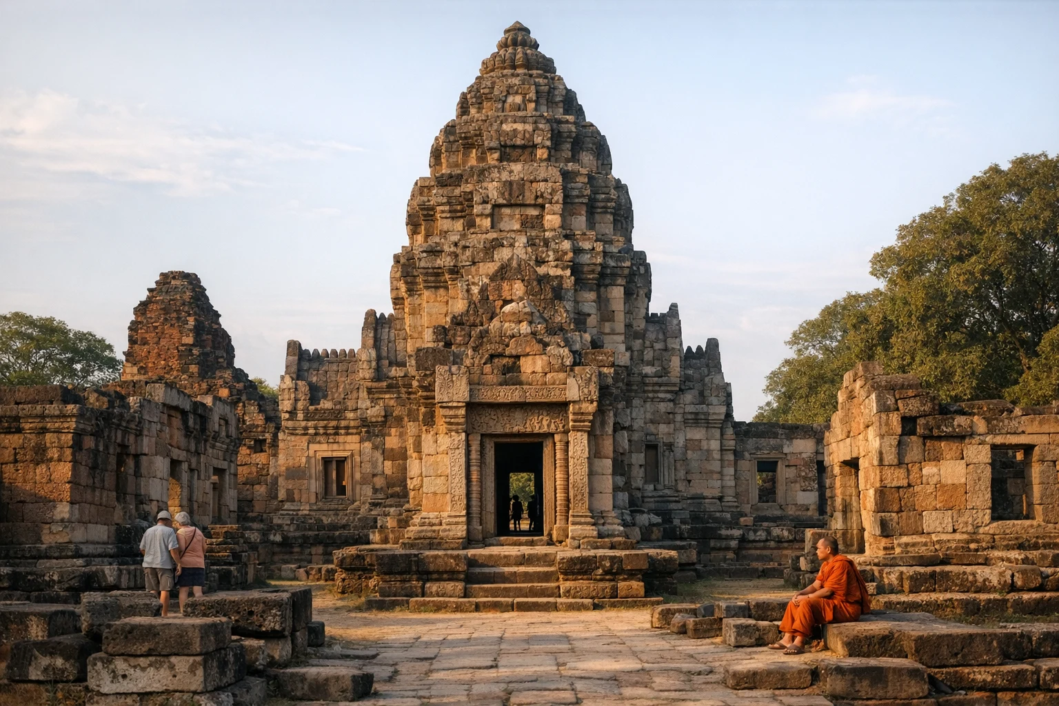 Sandstone structures and gateway ruins at Prasat Phanom Wan in Thailand