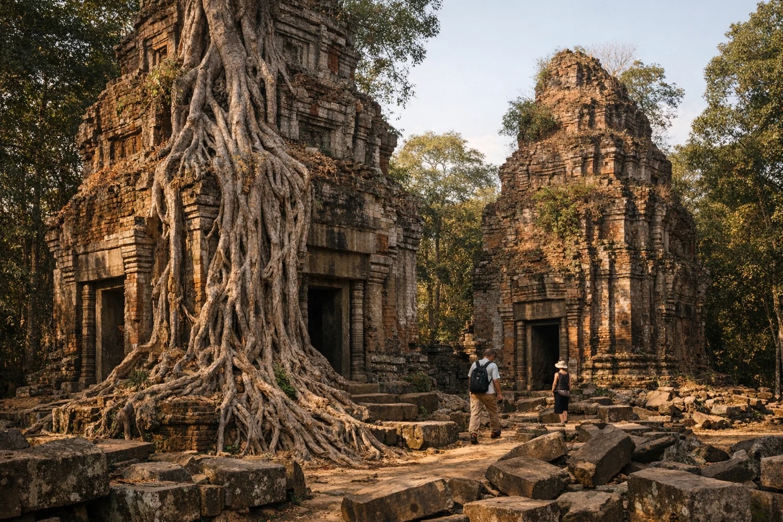 Prasat Pram temple towers entwined with tree roots in Cambodia