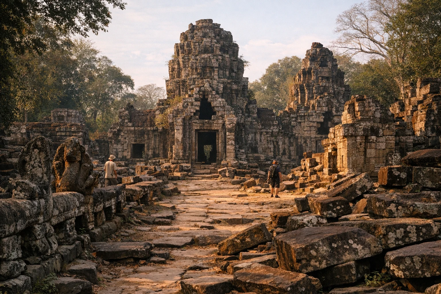 Stone gateway and causeway at Prasat Preah Khan (Kampong Svay) in Cambodia surrounded by forest