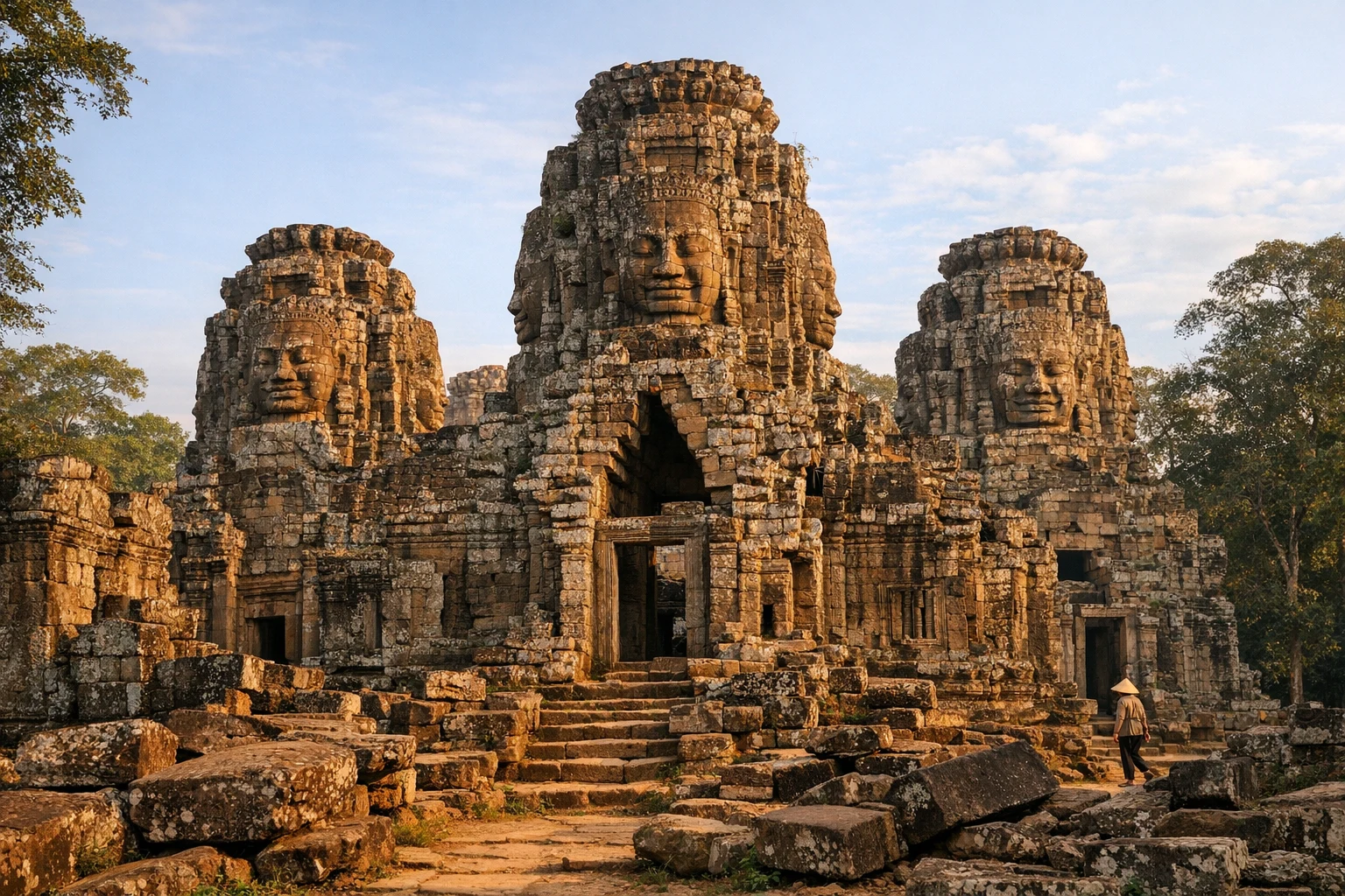 Prasat Preah Stung temple ruins in rural Cambodia surrounded by greenery