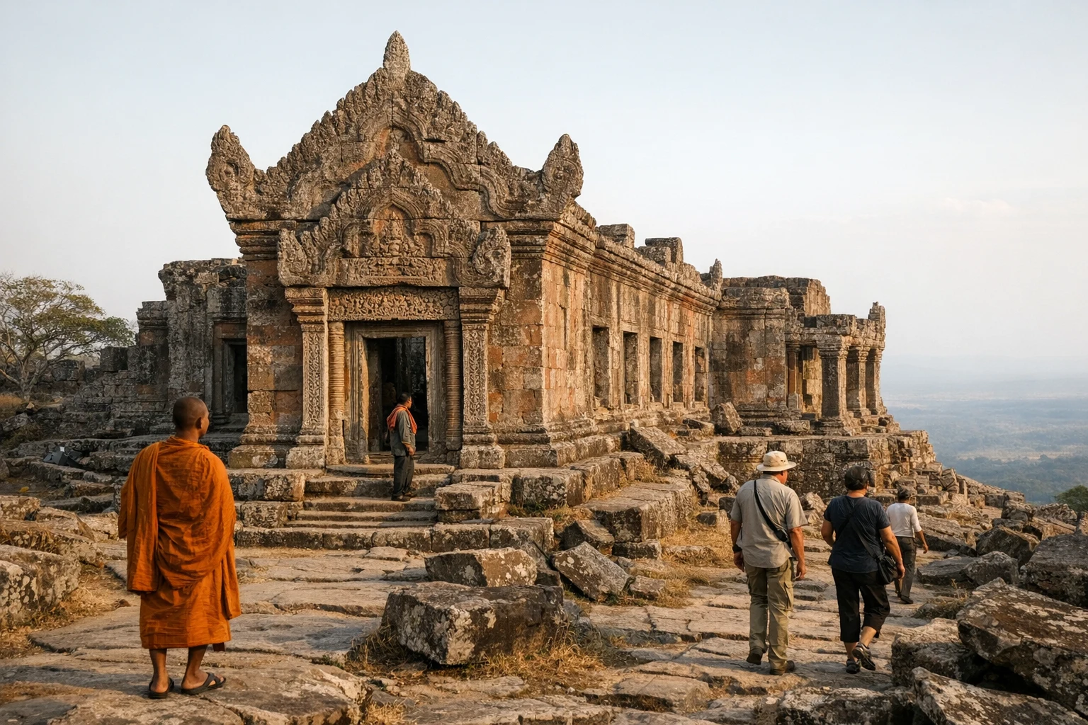 Stone remains at Prasat Preah Vihear Chendaeng in Cambodia set against the northern Cambodian landscape