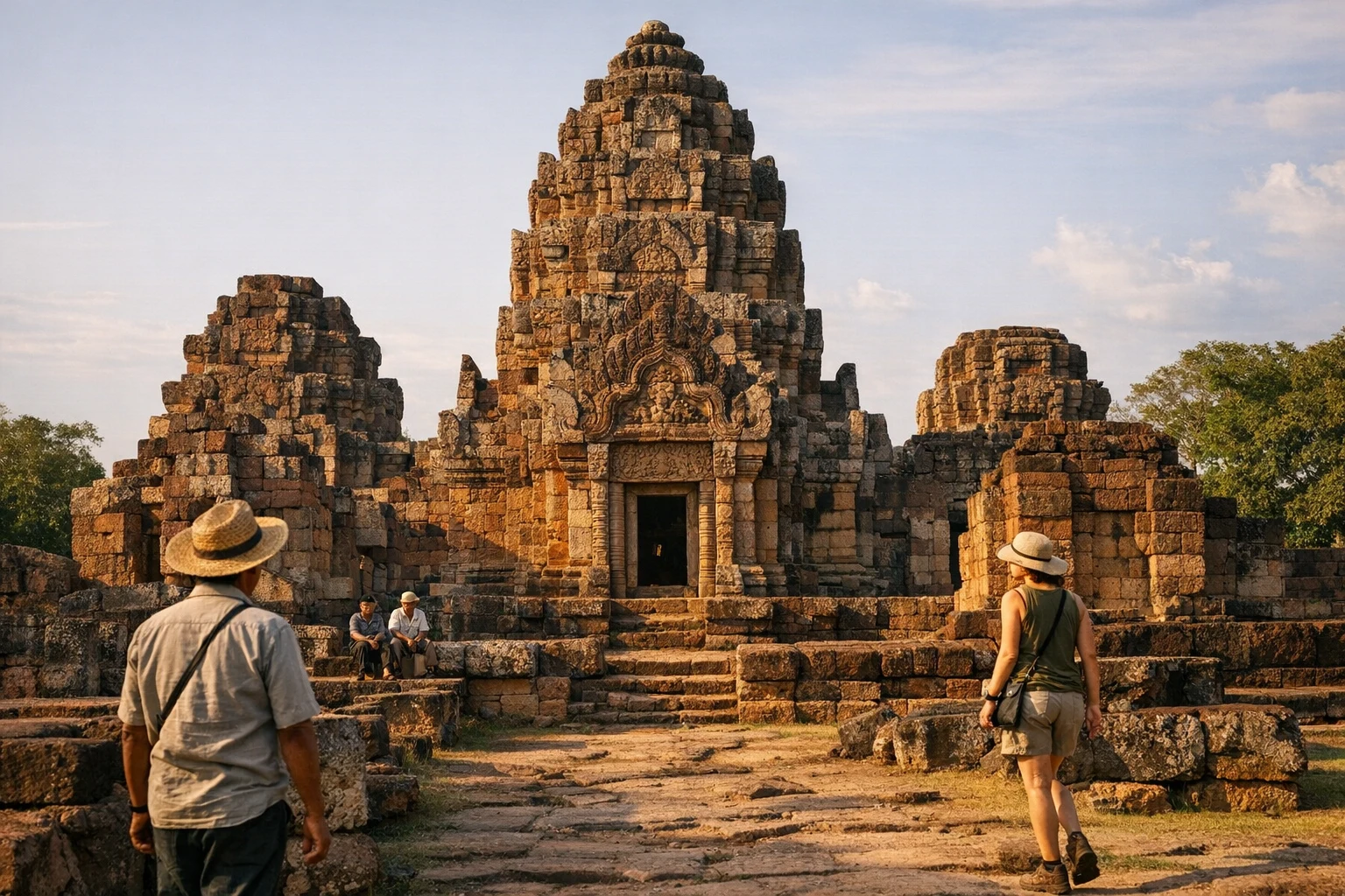 Stone sanctuary ruins at Prasat Pueai Noi in Thailand surrounded by trees and grass