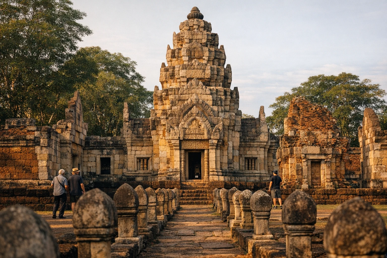 Stone towers and laterite walls at Prasat Sdok Kok Thom in Thailand
