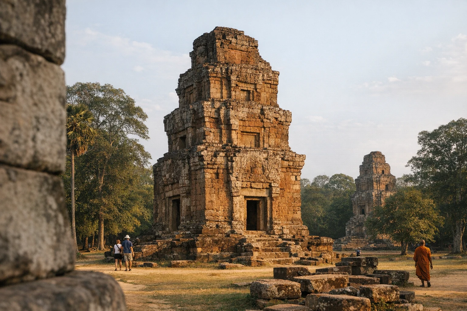 The line of laterite and sandstone towers of Prasat Suor Prat in Angkor Thom, Cambodia