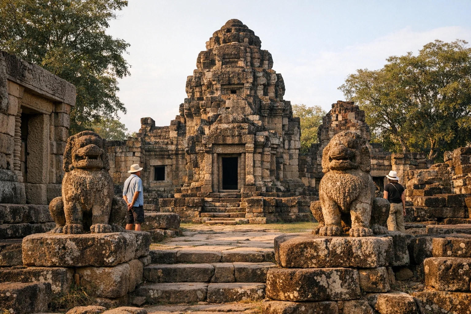 Stone sanctuary ruins at Prasat Ta Muen in Thailand beside the forested frontier