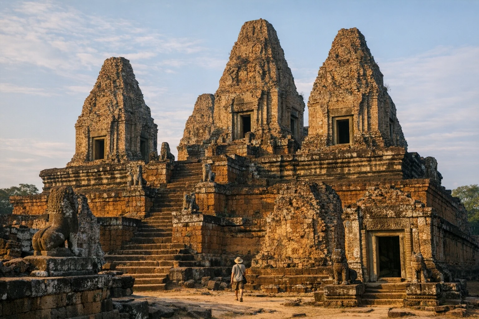 The tiered temple towers of Pre Rup in Cambodia glowing in warm light