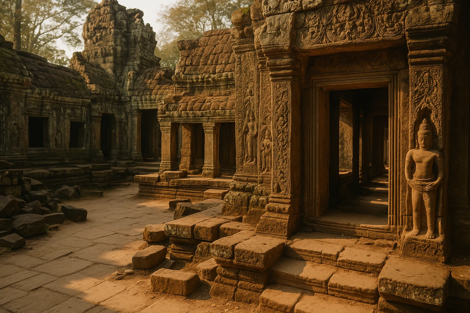 Stone galleries and towering silk-cotton tree roots of Preah Khan temple at Angkor, Cambodia