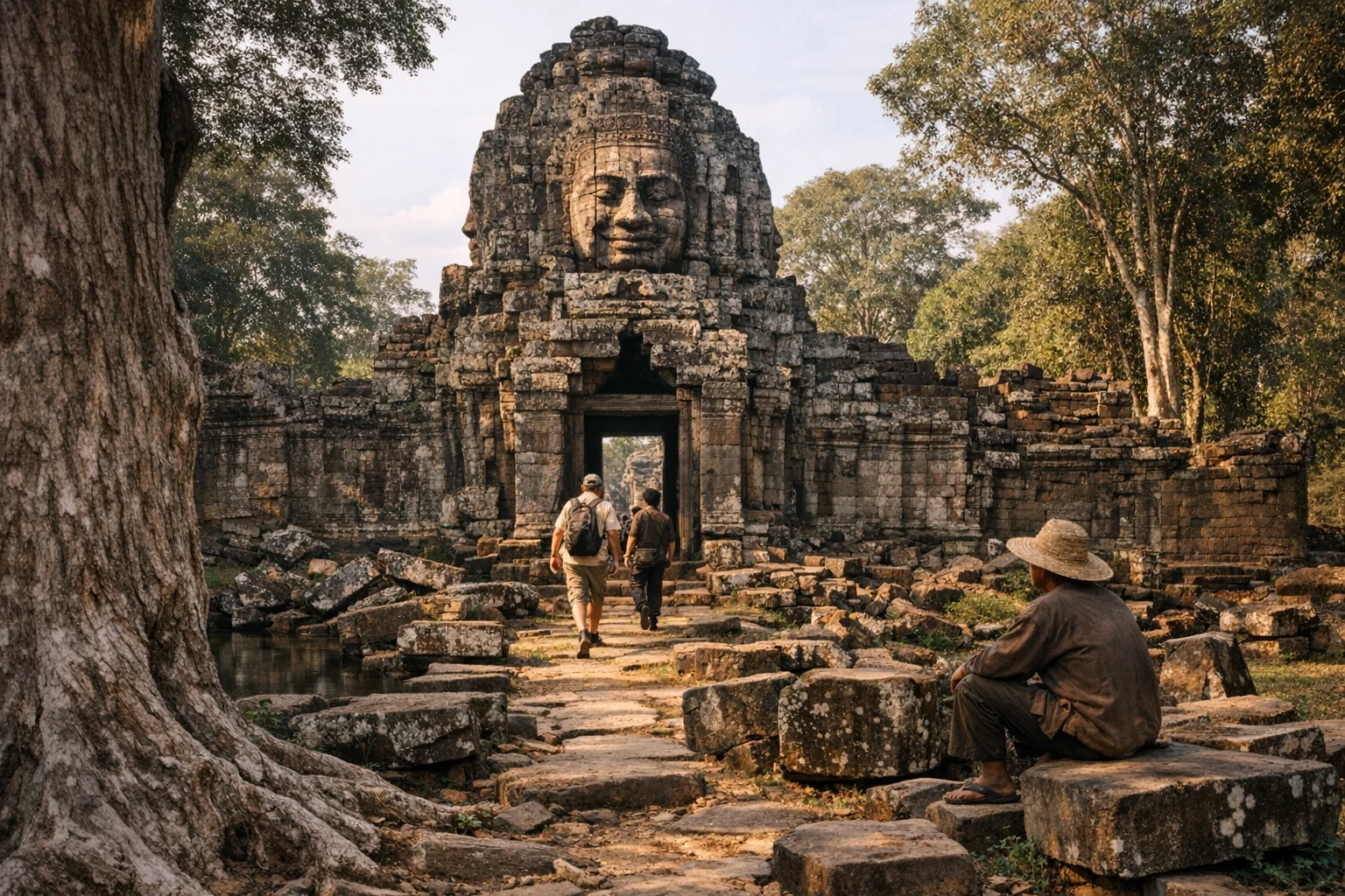 Stone remains and forested grounds at Preah Khan Kompong Svay in Cambodia