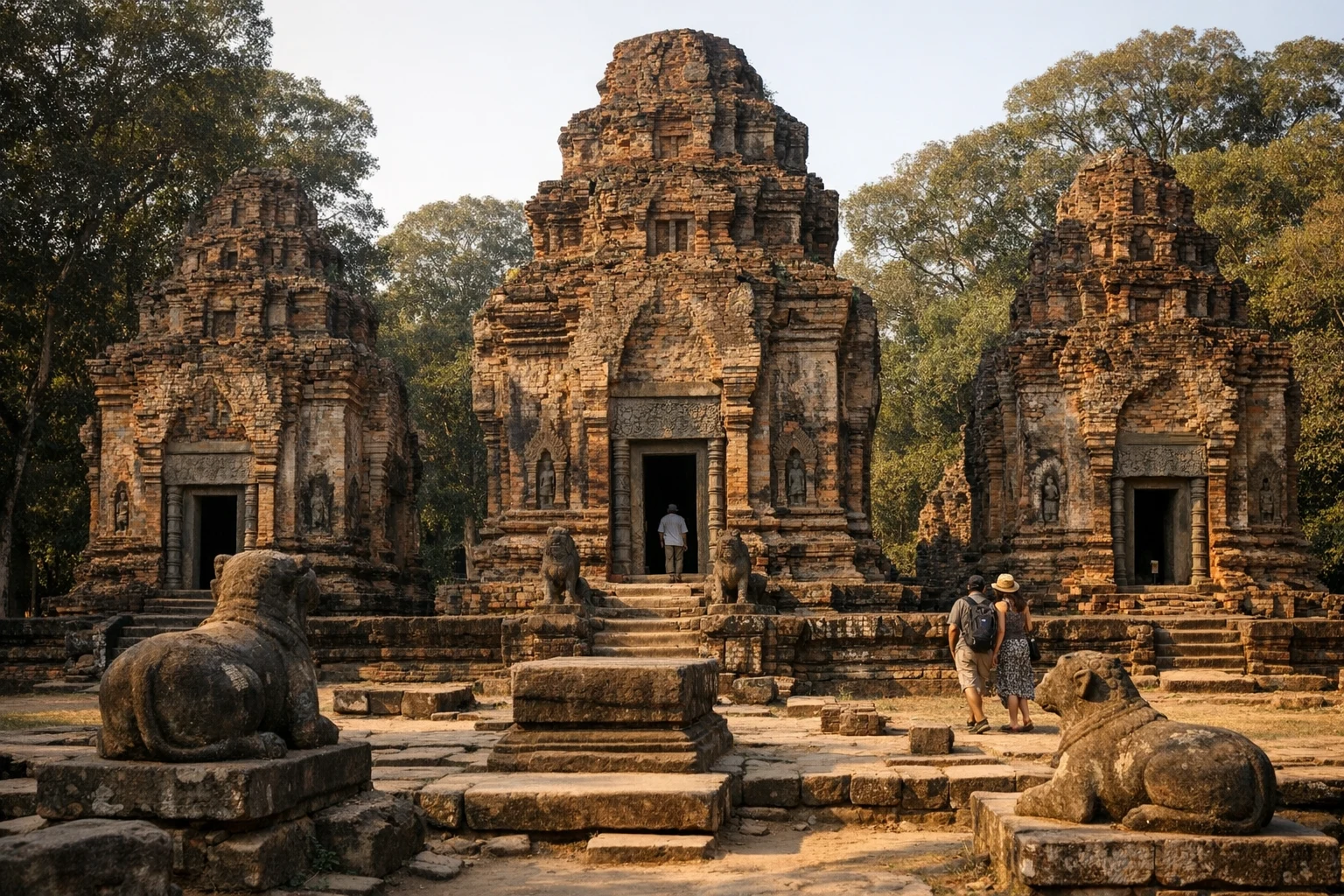 Ancient towers and sandstone carvings of Preah Ko temple in Siem Reap, Cambodia