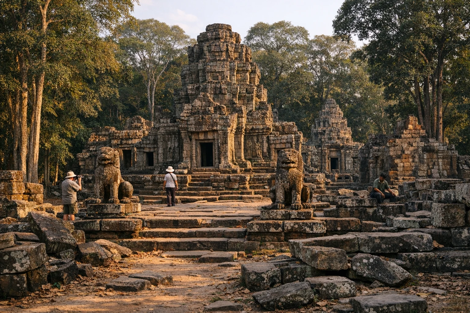 Weathered temple towers and shaded ruins at Preah Pithu in Cambodia