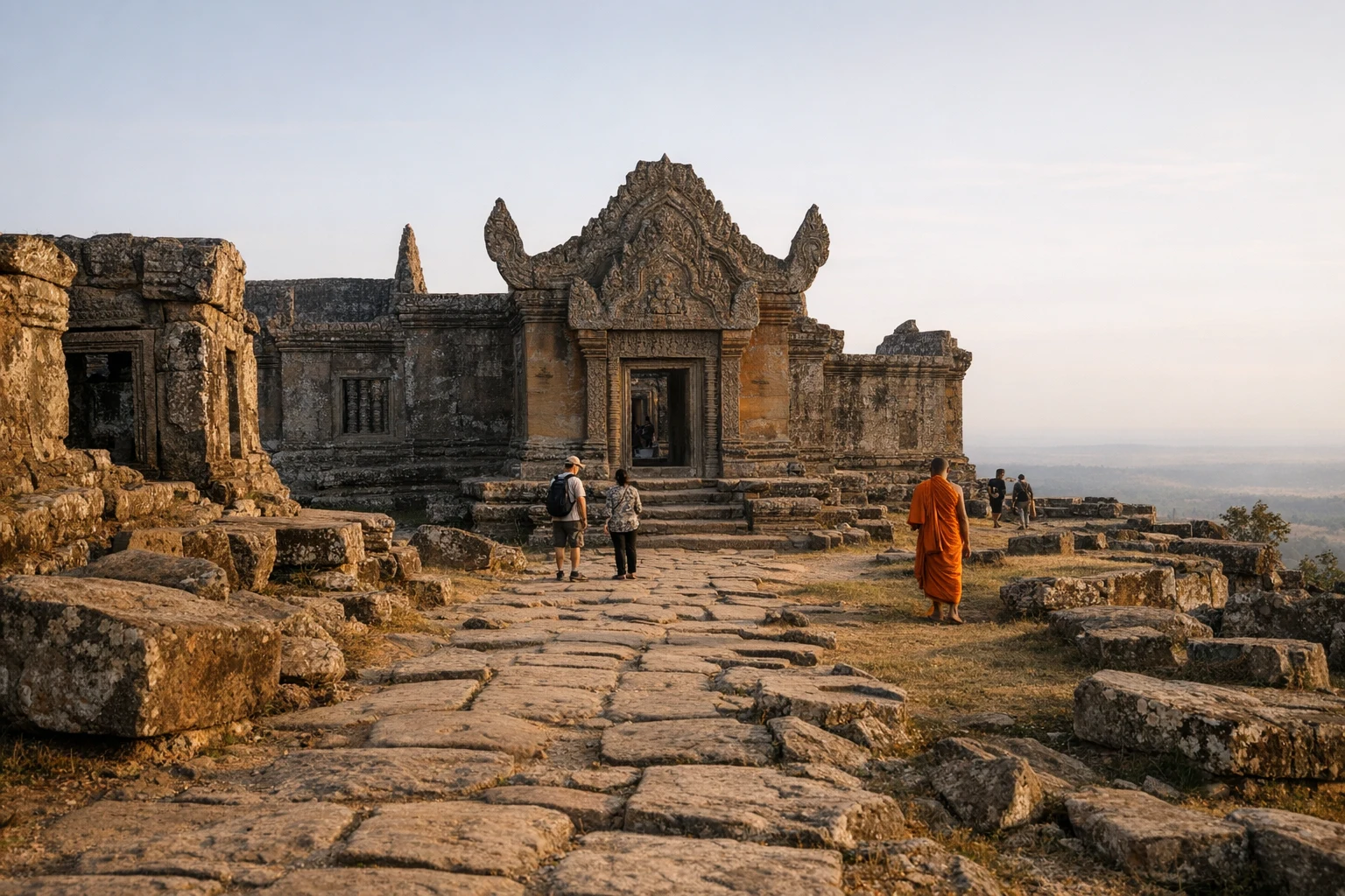 Preah Vihear Temple perched along a cliff in northern Cambodia with sweeping views over the plains