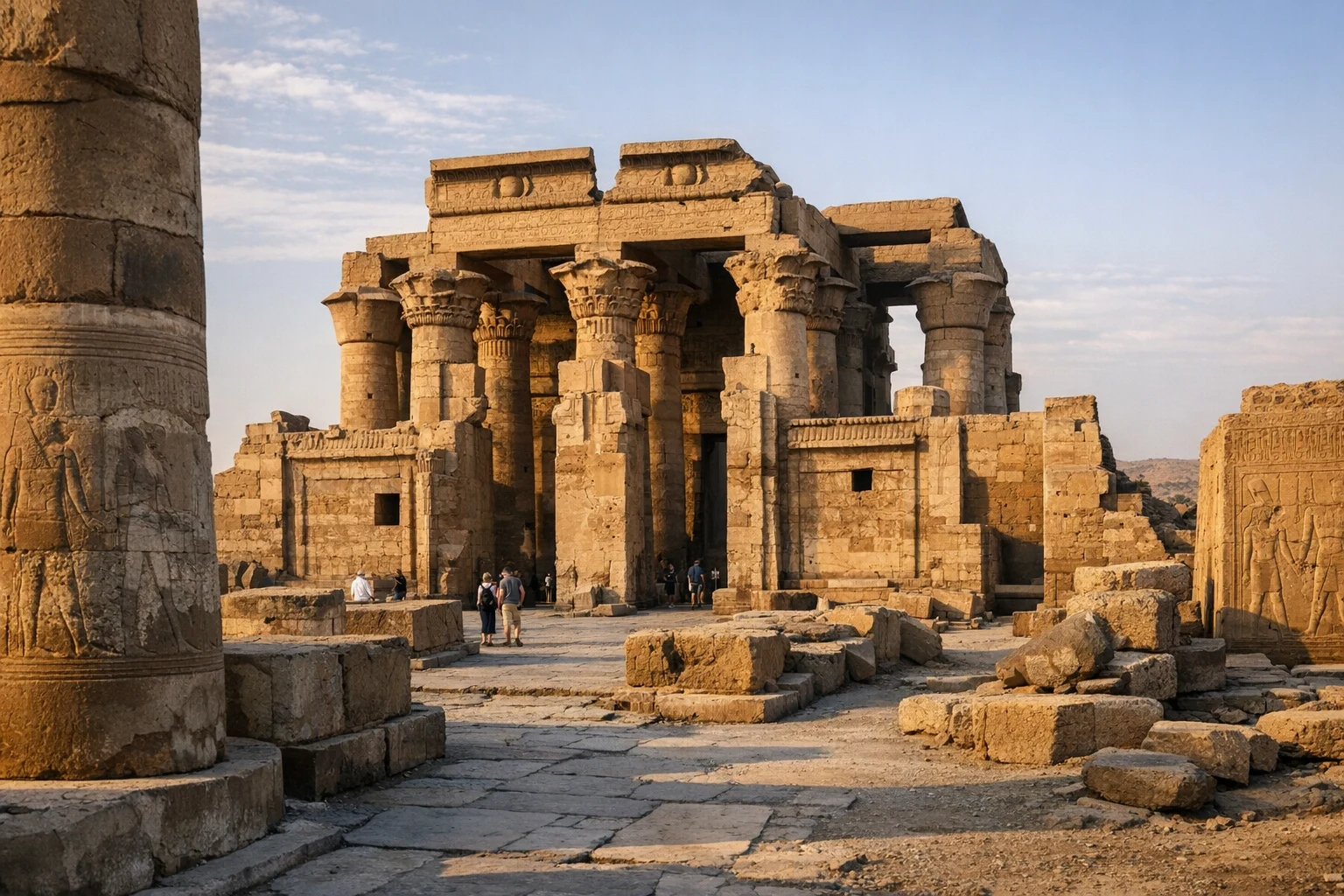 The impressive twin-columned Ptolemaic Temple of Kom Ombo in Egypt at sunset, with the Nile in the background