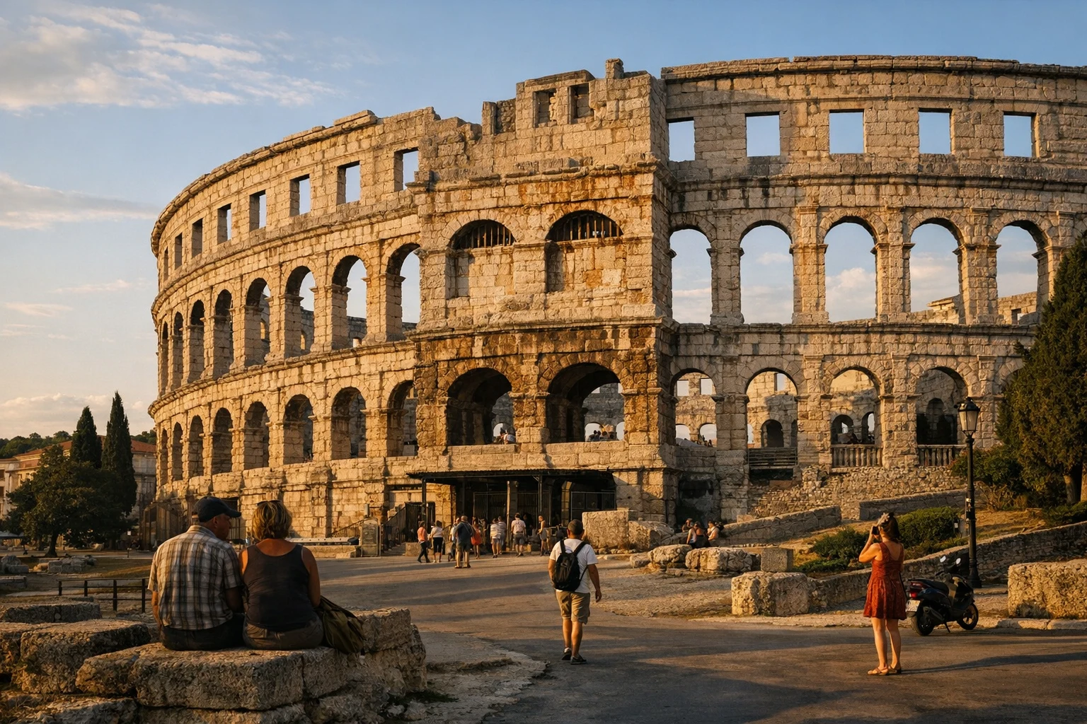 The Roman amphitheater of Pula Arena rising above the city in Croatia