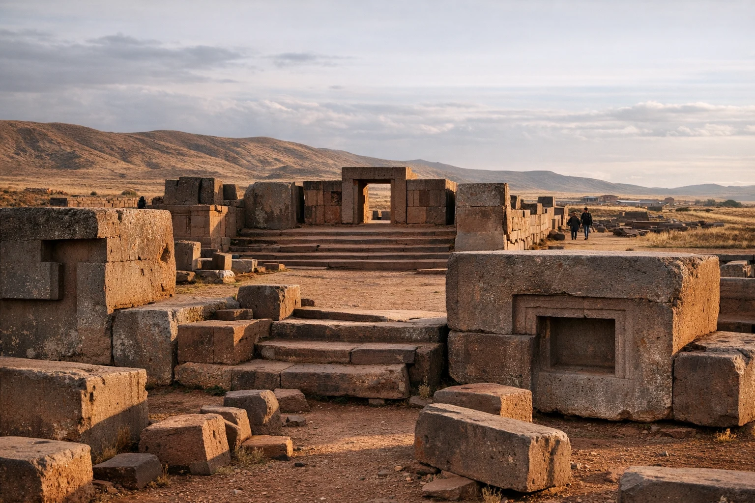 Stone blocks and terraces at Pumapunku in Bolivia on the high Andean plateau