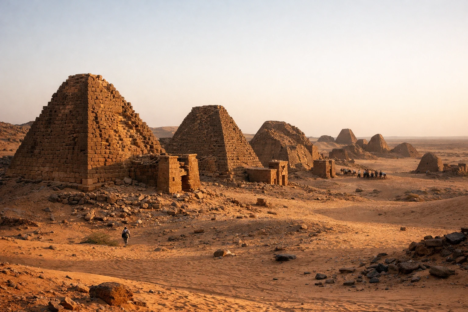 Ancient pyramids at the Pyramids of Meroe rising from the desert in Sudan
